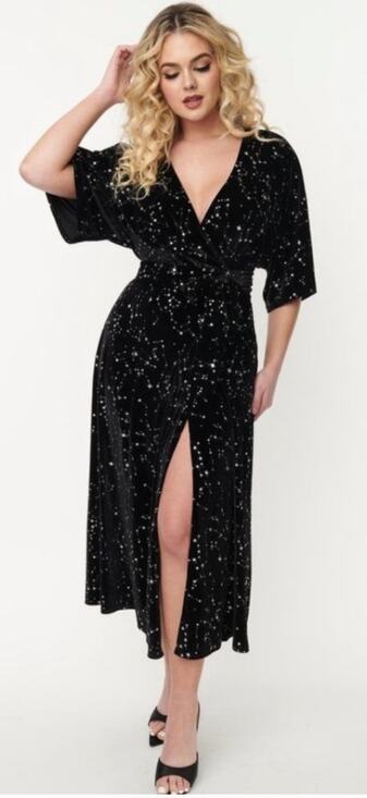 Unique Vintage Dresses & Skirts - Unique Vintage Black Velvet Magical Star Wrap Dress S 4 NWOT